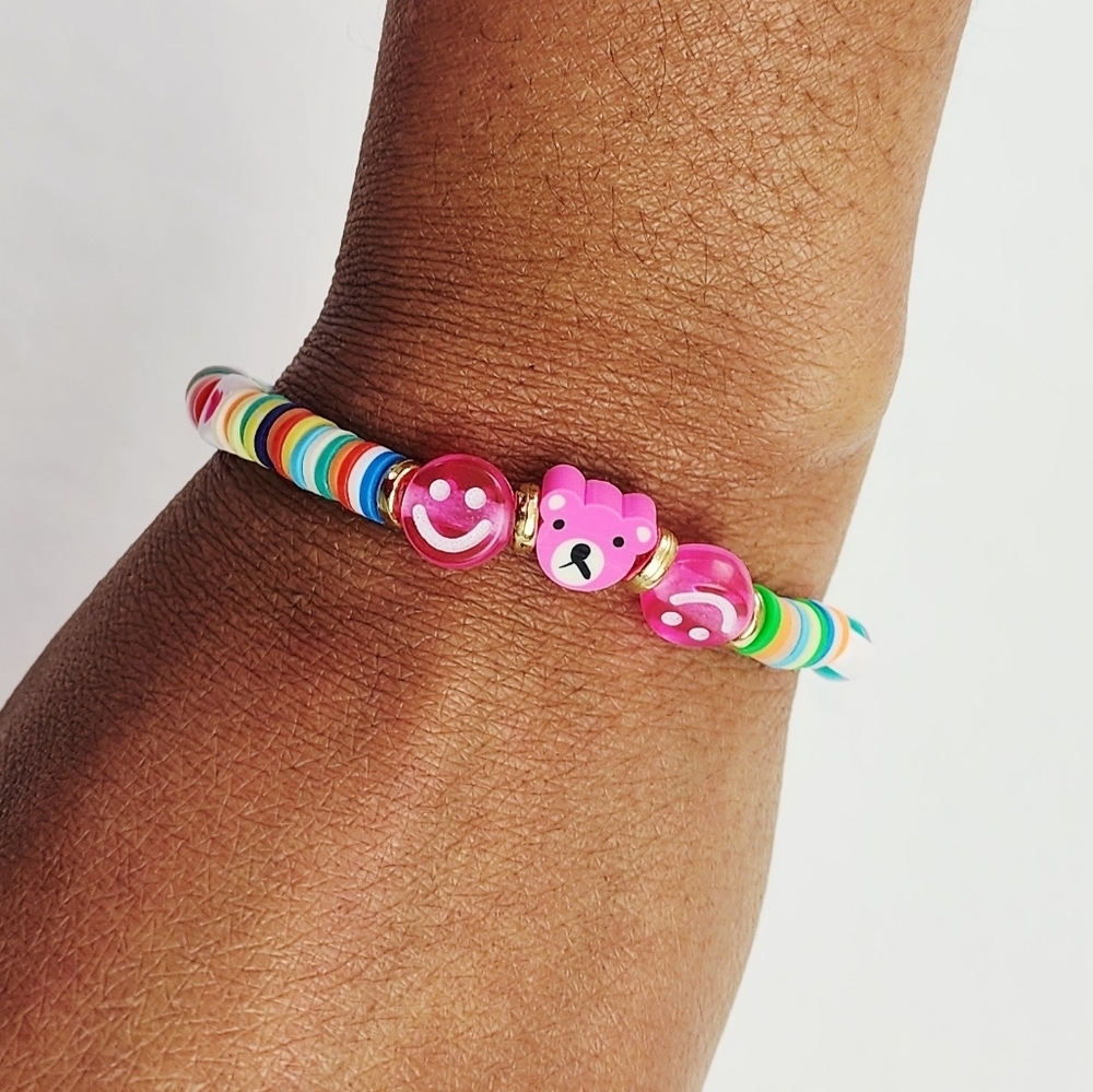 Handmade Bear Clay Bead Heart ,Smiley Face Pink Multi Color Bracelet